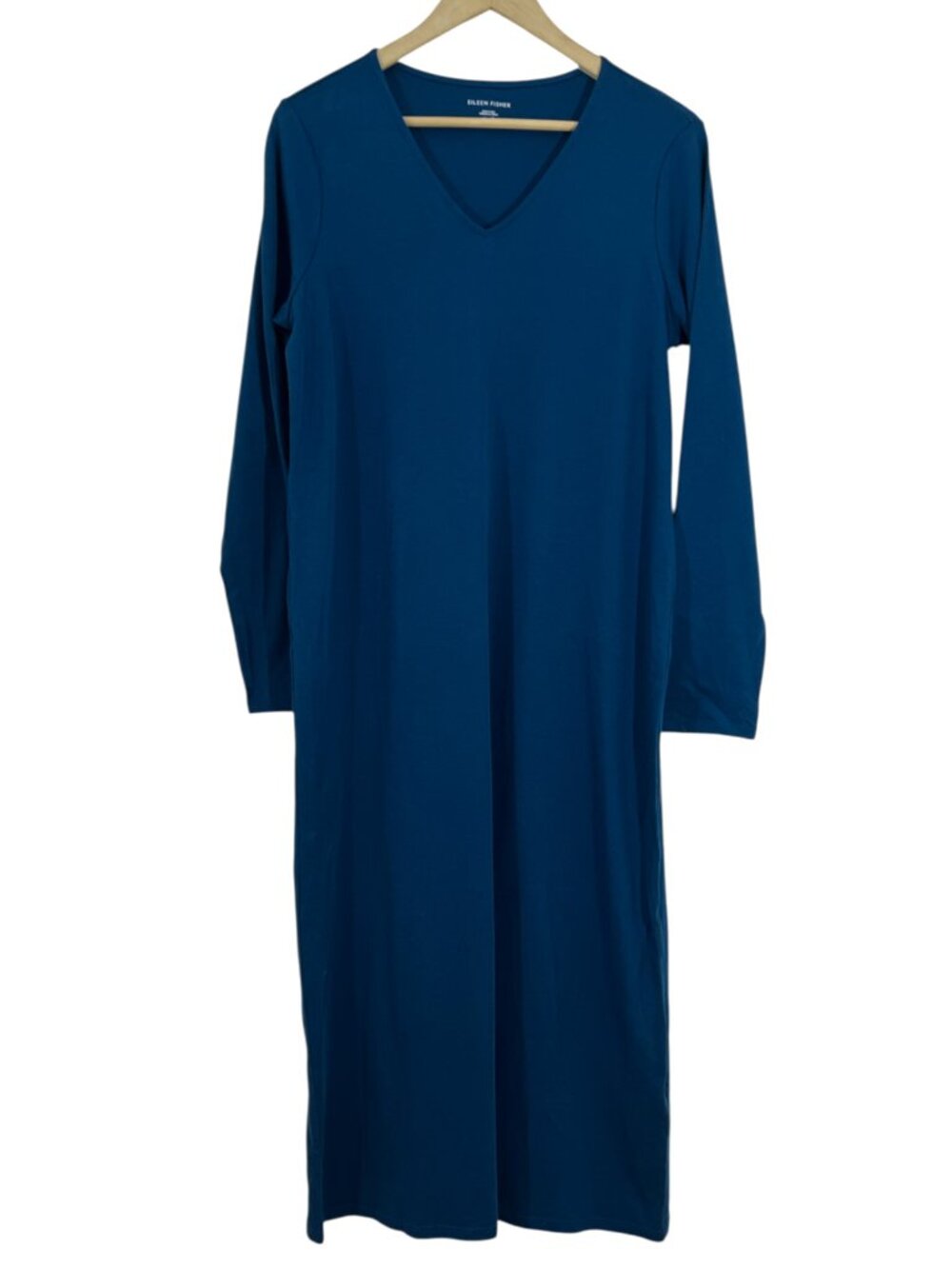 Eileen Fisher Organic Cotton V Neck Long Sleeve Dress Blue XS NWOT